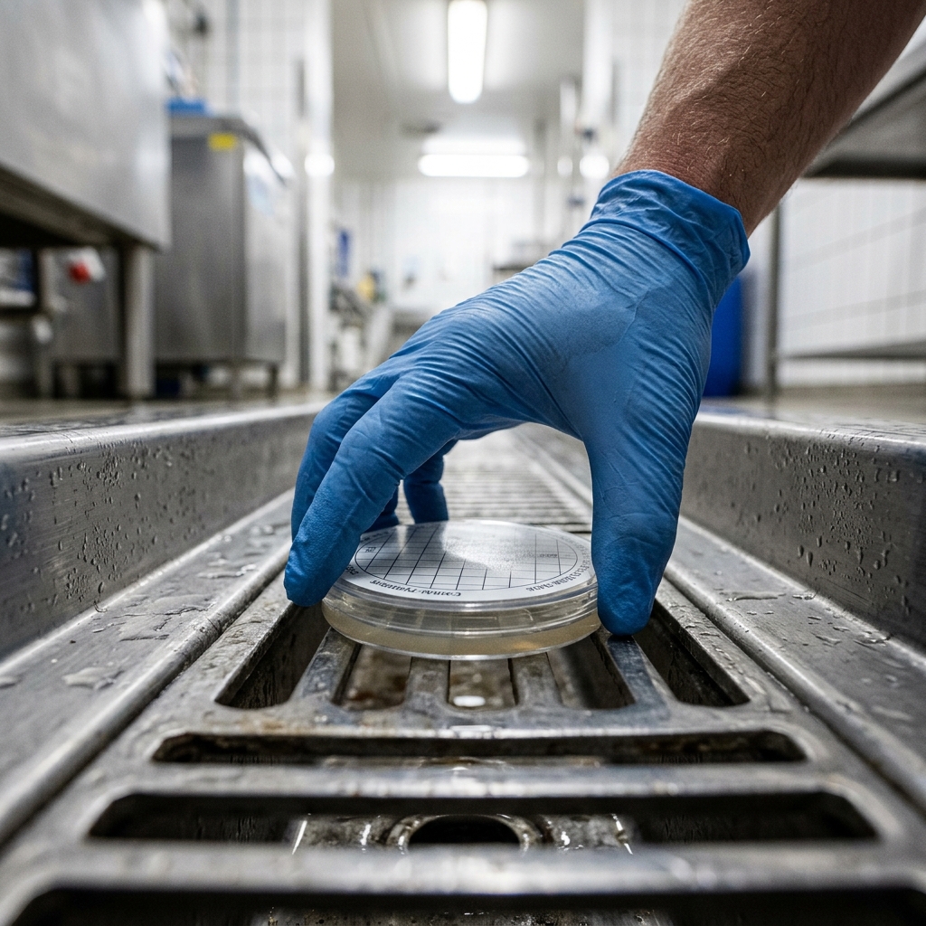 Environmental monitoring contact plate pressed to food facility drain