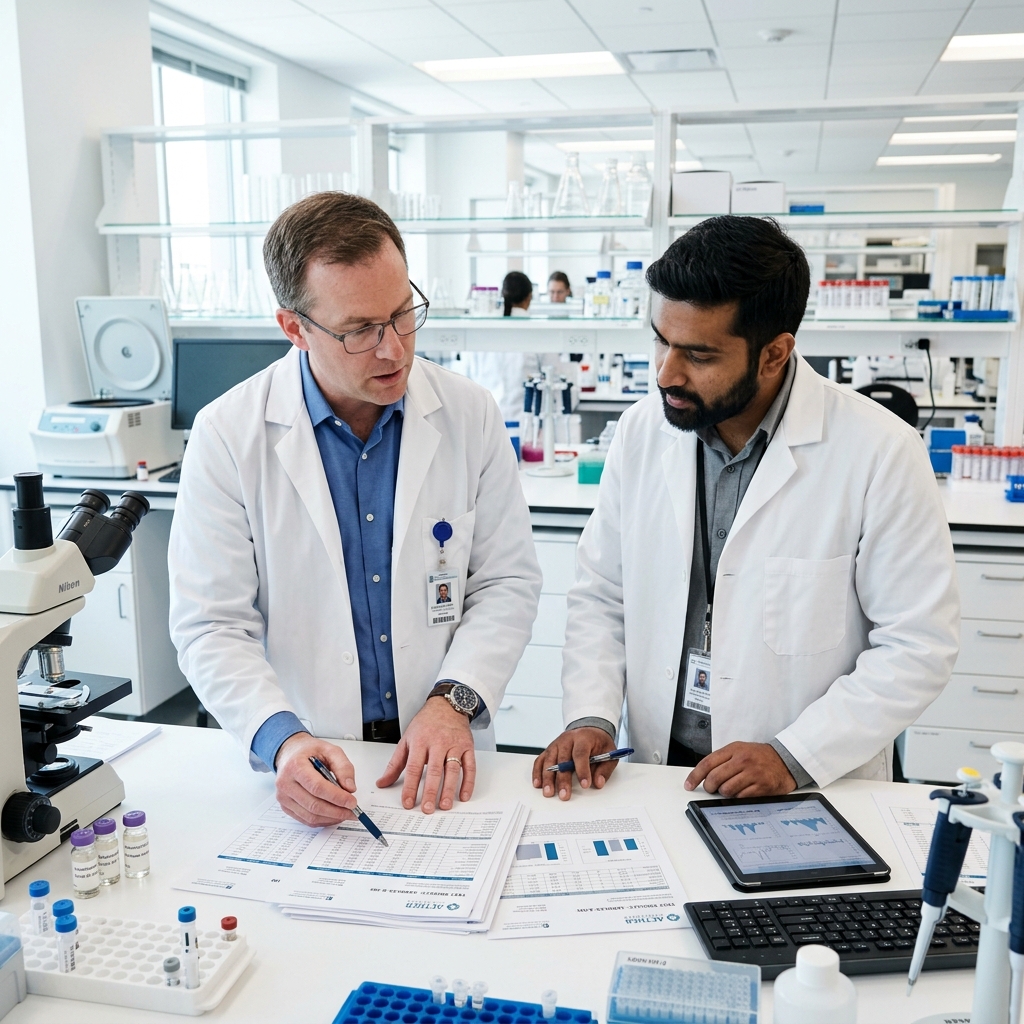 Pure Food Labs scientists reviewing test results